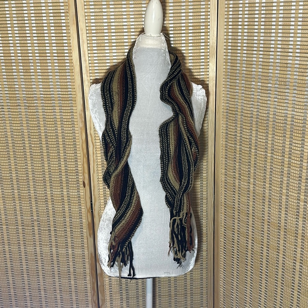 La Fiorentina 100% Acrylic Loose Knit Rolled Fringed Scarf Dark Autumn Colors